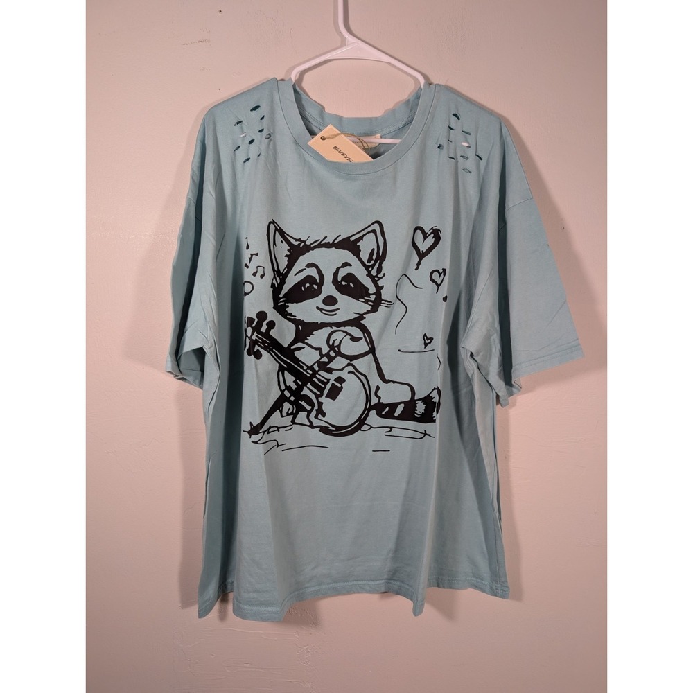 Blue Velvet  XL Distressed Oversized Tee with playful raccoon New